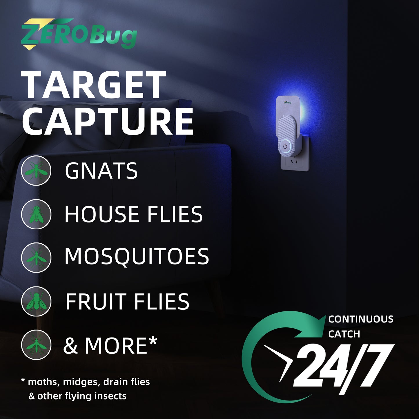 ZeroBug 2025 Upgraded Flying Insect Trap Indoor, Target Capture Traps for House & Fruit Fly, Gnat, Mosquito with UV & Blue Light, Plug in Bug Catcher & Killer for Indoor (2 Device & 10 Sticky Refills)