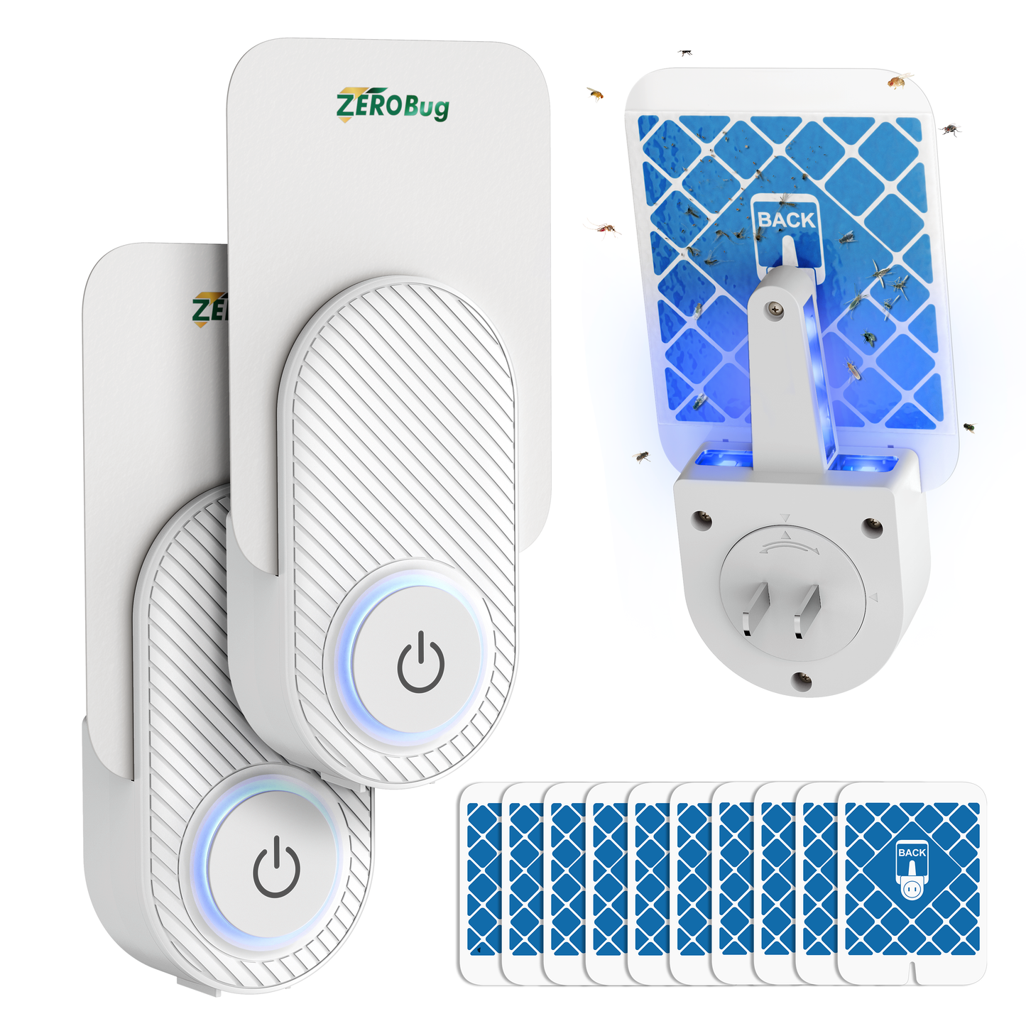 ZeroBug 2025 Upgraded Flying Insect Trap Indoor, Target Capture Traps for House & Fruit Fly, Gnat, Mosquito with UV & Blue Light, Plug in Bug Catcher & Killer for Indoor (2 Device & 10 Sticky Refills)